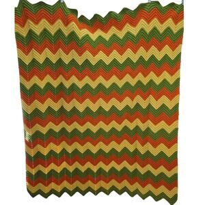 Vintage Chevron Green Yellow & Orange 70's Hand Crocheted Zig Zag Blanket 61"x56